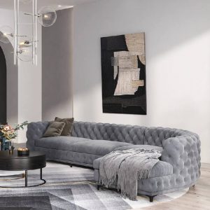 L-Shaped-Curved-Gray-Sectional-Sofa-Upholstered-Velvet-Chesterfield-Sofa